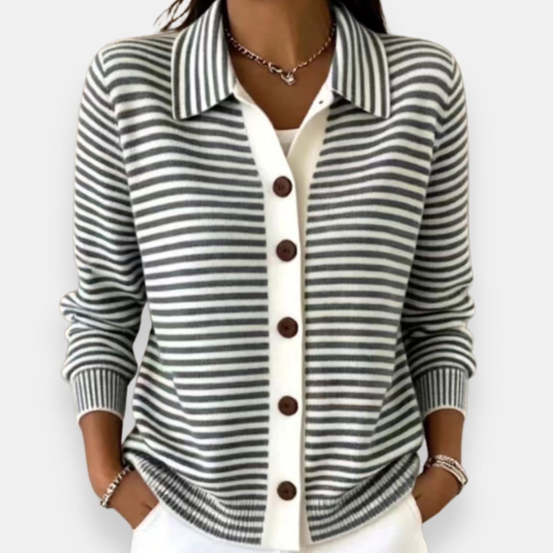 Nola™ | Stribet Cardigan med Krave