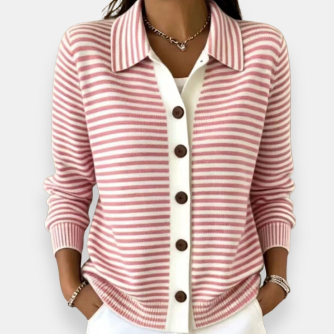 Nola™ | Stribet Cardigan med Krave