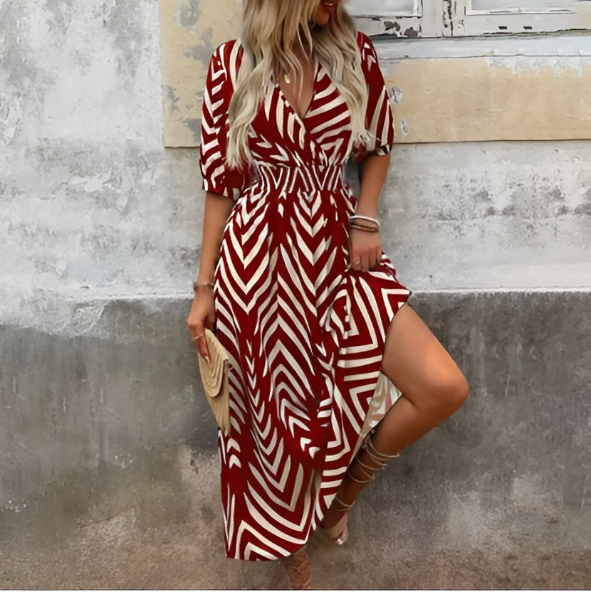 Elly | Geometrisk Print Kjole med Bindebælte