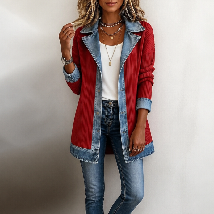 Susanne | Ribstrikket Cardigan-jakke med Denimdetaljer