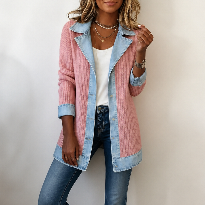 Susanne | Ribstrikket Cardigan-jakke med Denimdetaljer