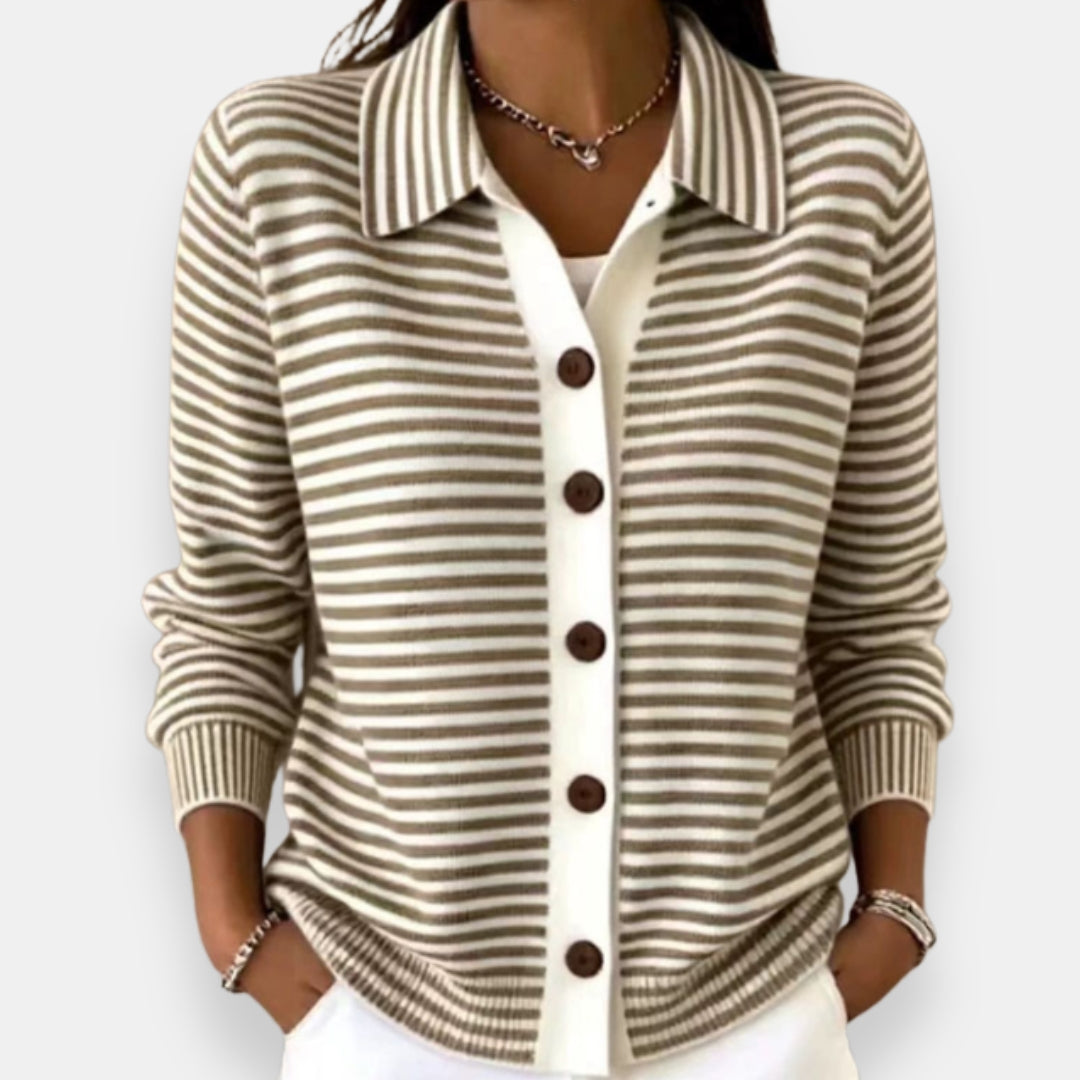 Nola™ | Stribet Cardigan med Krave