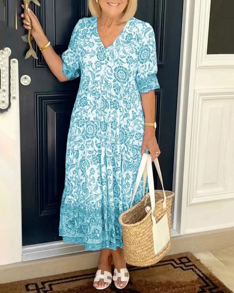 Keisha | Elegant Blomstret Kjole med V-hals