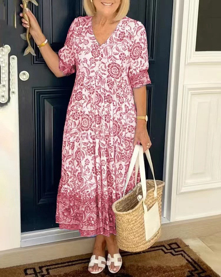 Keisha | Elegant Blomstret Kjole med V-hals