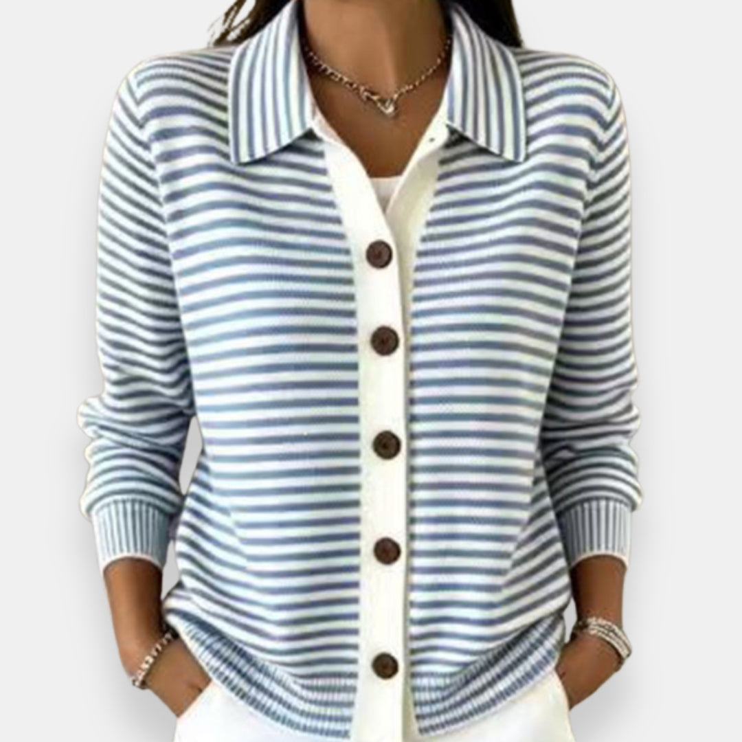 Nola™ | Stribet Cardigan med Krave