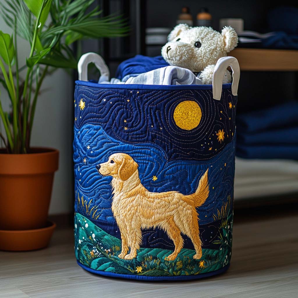 Charmerende Golden Retriever – quiltet opbevaringskurv