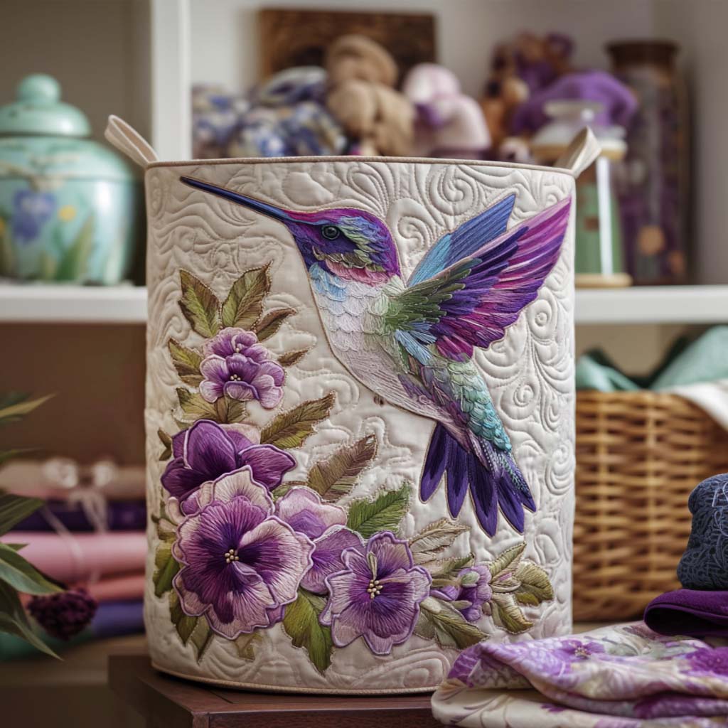 Kolibri og Blomster – quiltet opbevaringskurv