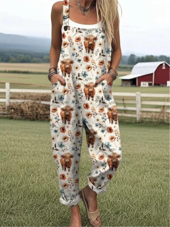 MEYER | Jumpsuit med Highland Cow-tryk og vide ben til kvinder