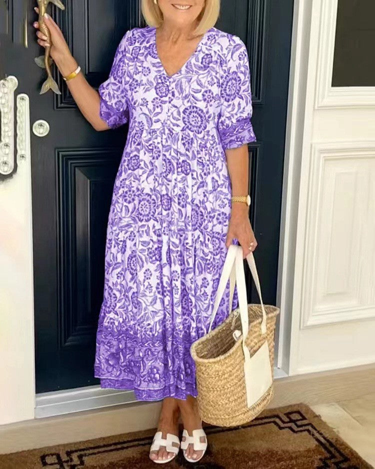 Keisha | Elegant Blomstret Kjole med V-hals