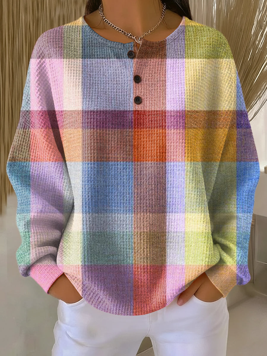 Inge™ | Langærmet Vaffelbluse med Knapper