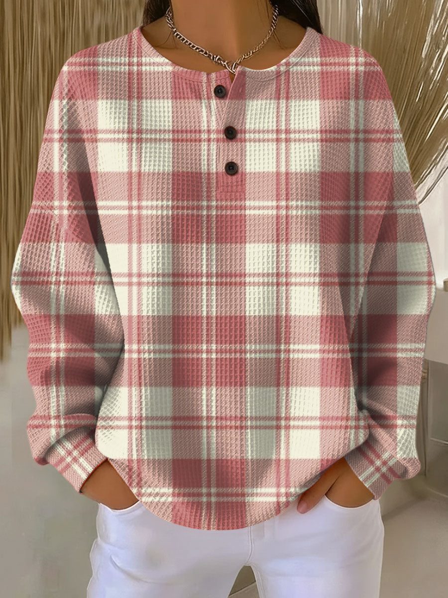 Inge™ | Langærmet Vaffelbluse med Knapper