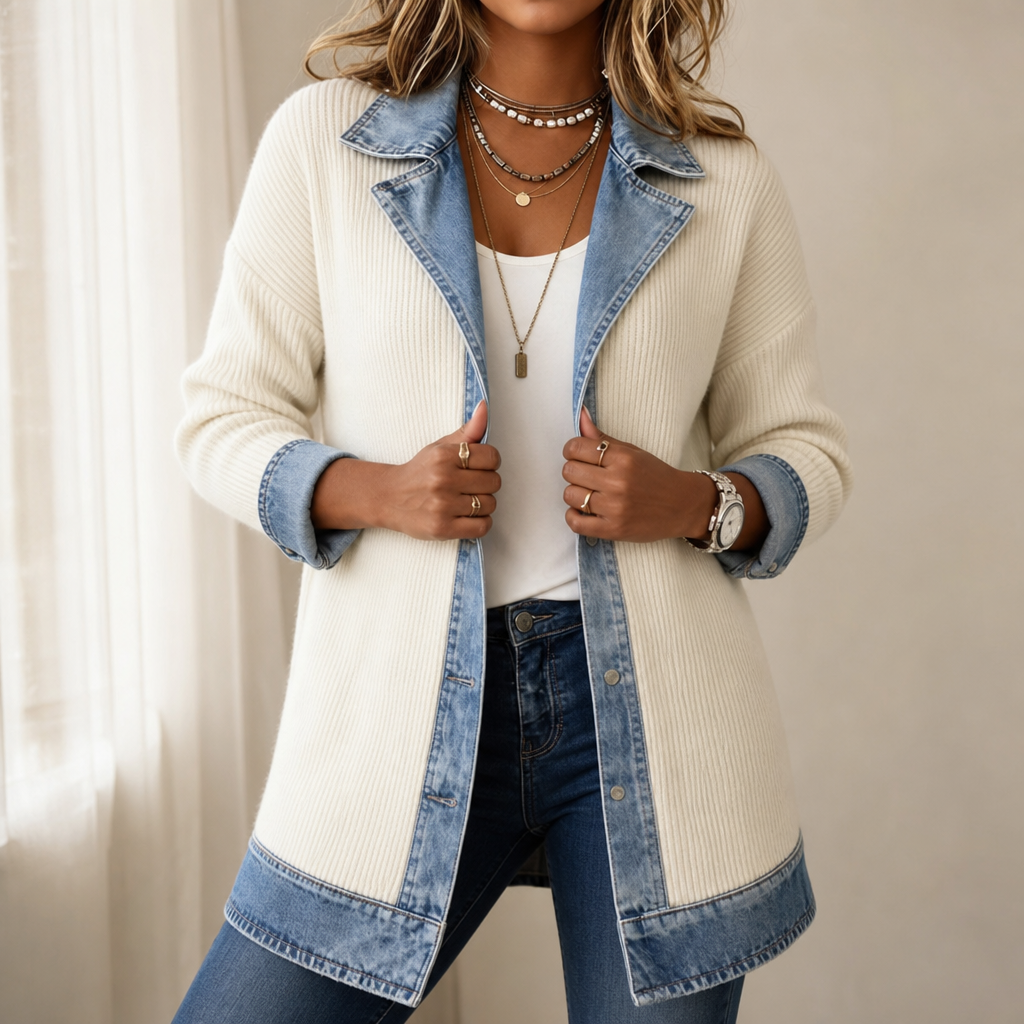 Susanne | Ribstrikket Cardigan-jakke med Denimdetaljer