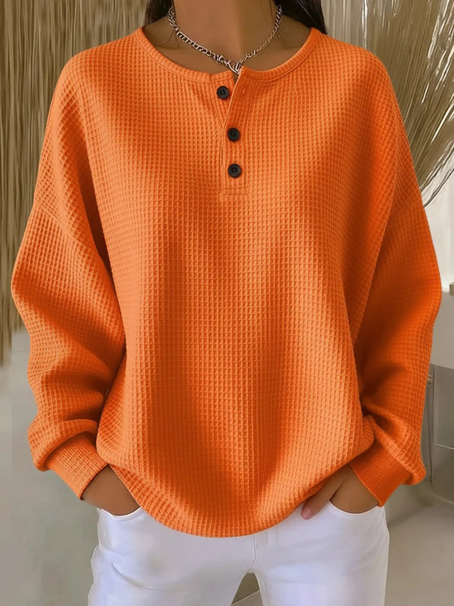 Inge™ | Langærmet Vaffelbluse med Knapper