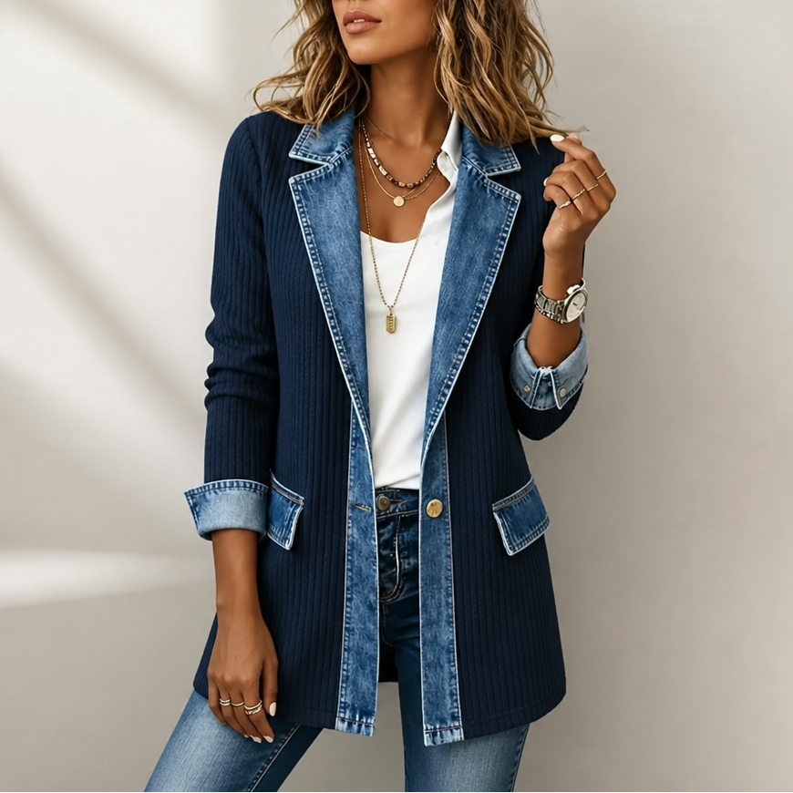 Susanne | Ribstrikket Cardigan-jakke med Denimdetaljer