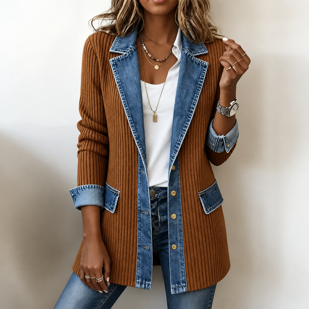 Susanne | Ribstrikket Cardigan-jakke med Denimdetaljer